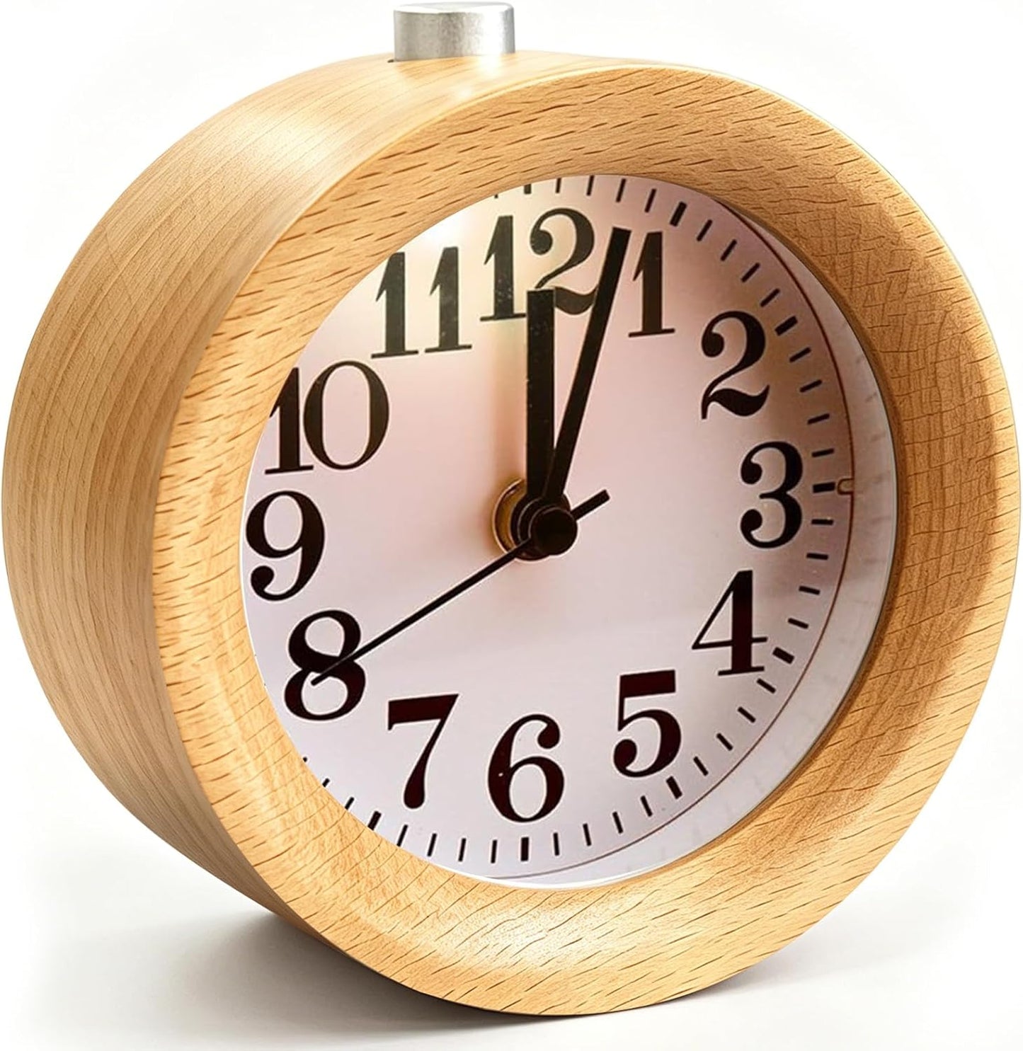 Wood Analog Alarm Clock: Silent Non-Ticking for Quiet Bedrooms | Small Battery Operated Natural Wooden Design - Warm Night Light Shows Time on Demand & 5-Minute Snooze Makes Mornings Easier
