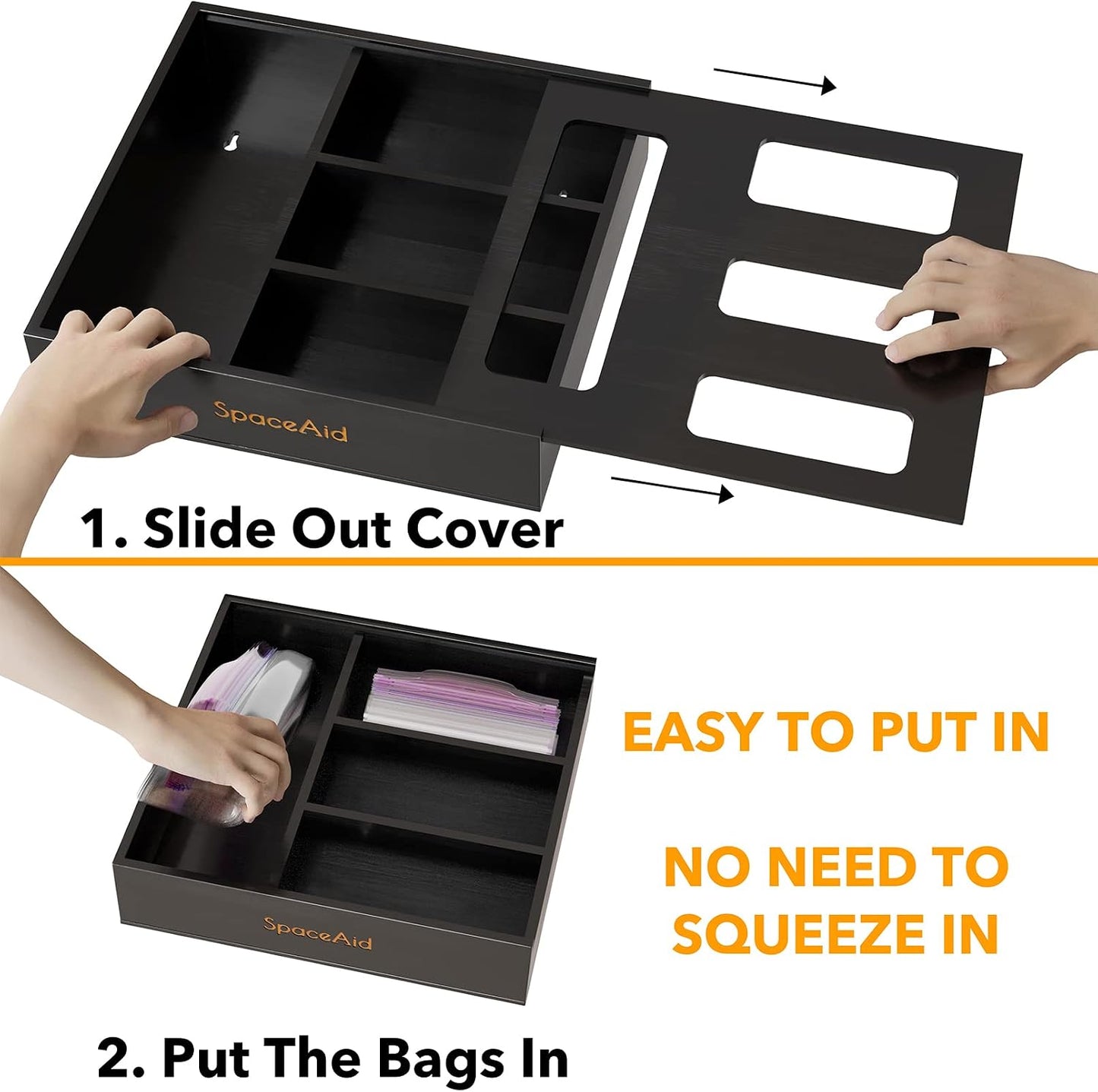 SpaceAid Bag Storage Organizer for Kitchen Drawer, Bamboo Organizer, Compatible with Gallon, Quart, Sandwich and Snack Variety Size Bag (1 Box 4 Slots)