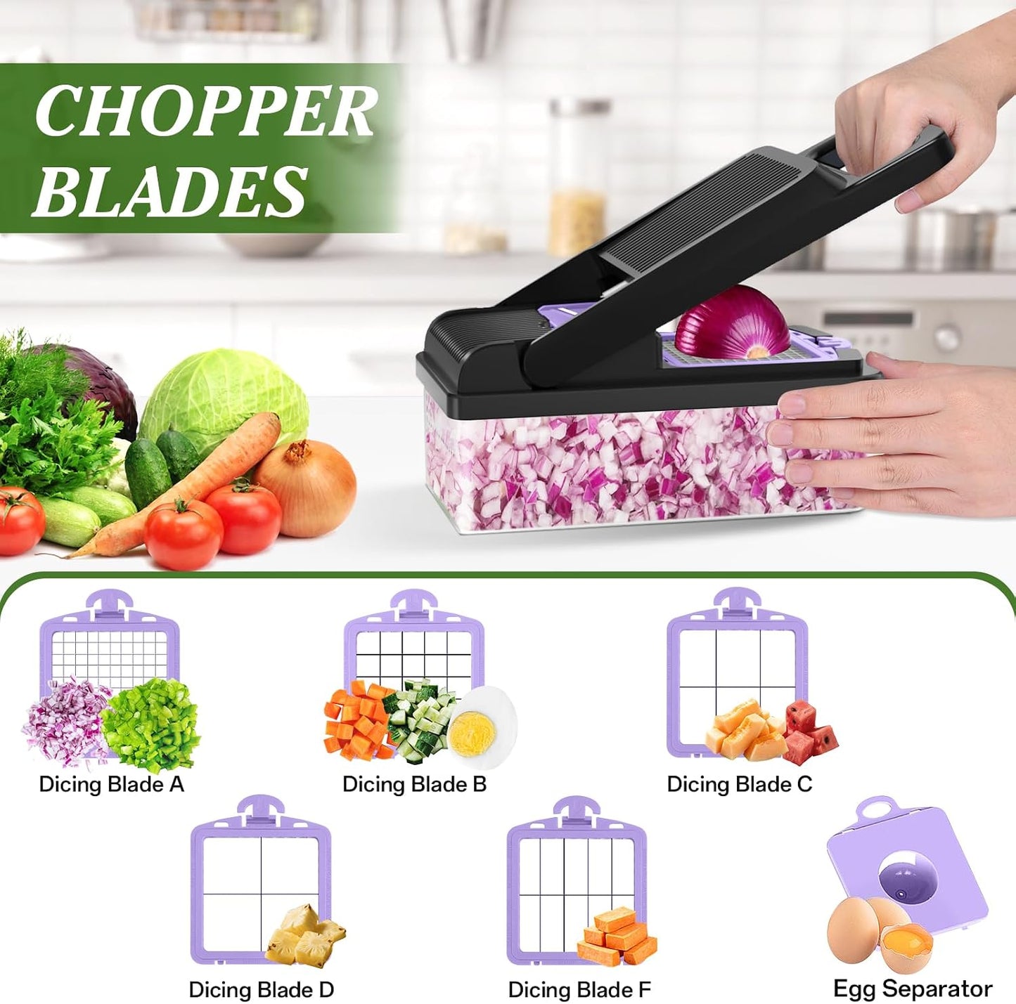 HomeHacks Vegetable Chopper Vegetable Cutter, 12 in 1 Kitchen Gadget, Dicer, Slicer, Onion Cutter, Salad, Cheese Grater & Egg Separator - Multi-Functional Veggie Chopper Lid with Handle (Green)