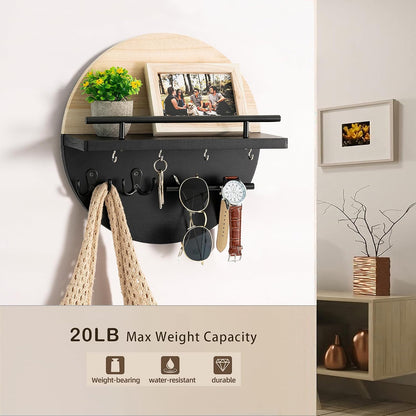 Key Holder for Wall Decorative with Shelf and Hooks, Mail Organizer Wall Mount with Sunglasses Holder, Circular Design Entryway Key Rack Hanger, Rustic Home Decor Boho Wall Decor (White)