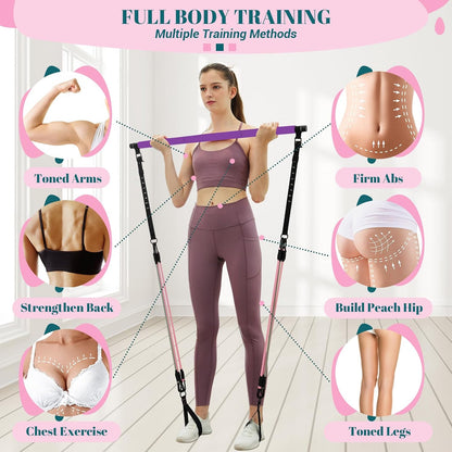 Pilates Bar Kit with Resistance Bands, Multifunctional Yoga Pilates Kit | Heavy-Duty Metal Adjustment Buckle, Portable Home Gym Pilates Resistance Bar Kit for Women Full Body Workouts