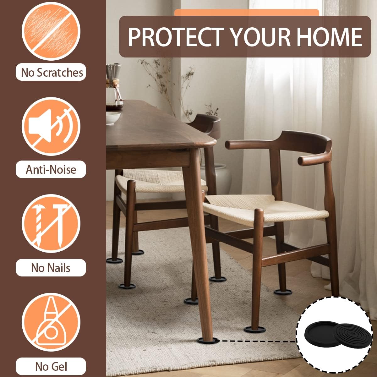 12Pcs 2.5in Furniture Coasters Non-Slip Bed Leg Pads Round Rubber Anti Sliding Caster Cups for Hardwood Floors Brown