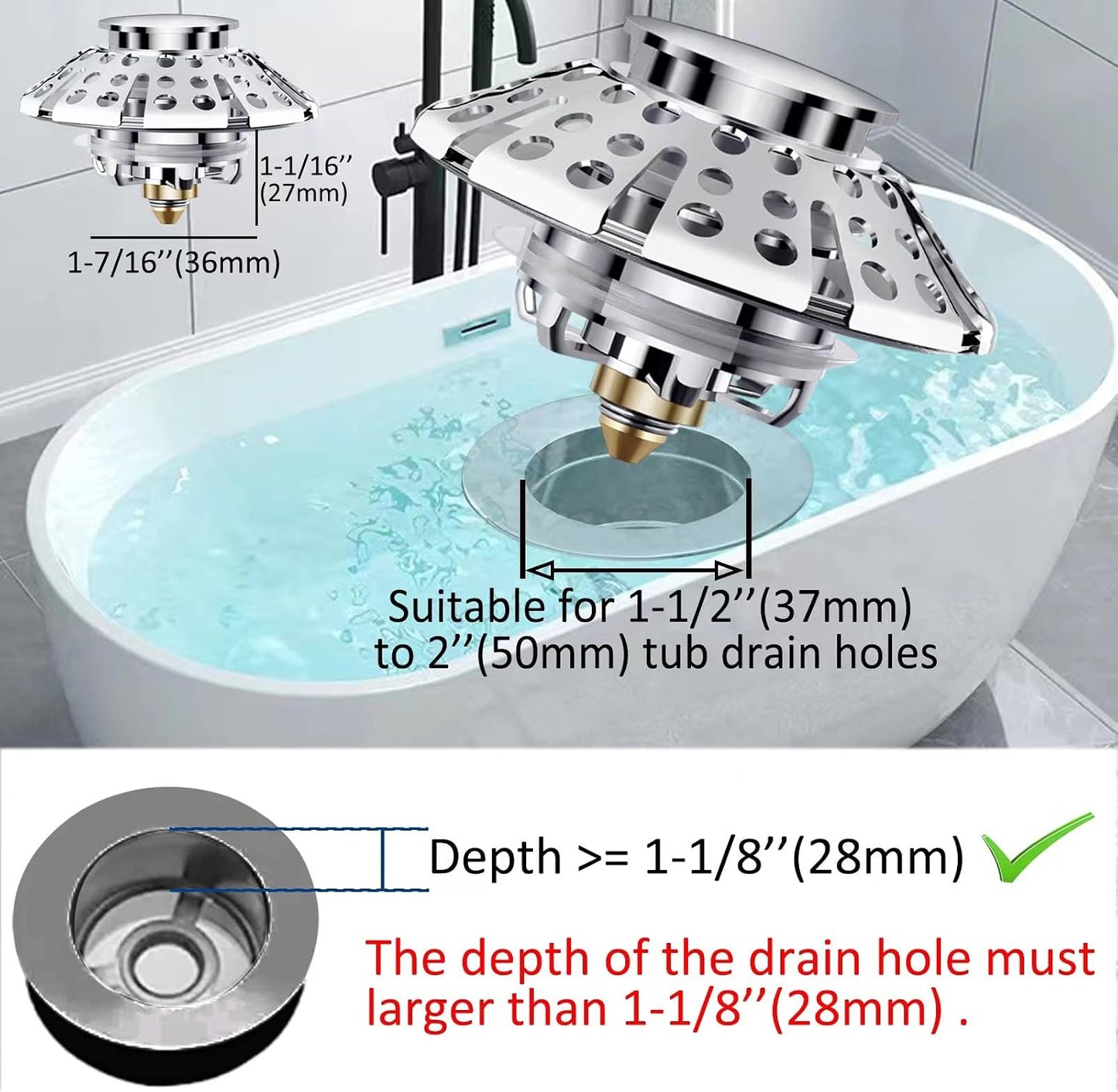 AzWzz Universal Tub Stopper Bathtub Drain Plug, Pop Up Tub Drain Hair Catcher, Drain Cover with Strainer, for 1-3/8 to 2in Bath Drain Hole