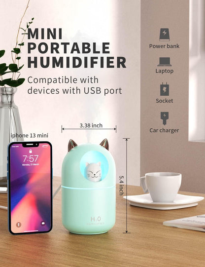 Cool Mist Humidifier,300ml Mini Humidifiers with Night Light,Waterless Auto-Off Air Humidifier,20dB Quiet Humidifiers for Bedroom,Car, Plant for Girl Boy
