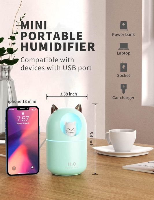 Cool Mist Humidifier,300ml Mini Humidifiers with Night Light,Waterless Auto-Off Air Humidifier,20dB Quiet Humidifiers for Bedroom,Car, Plant for Girl Boy