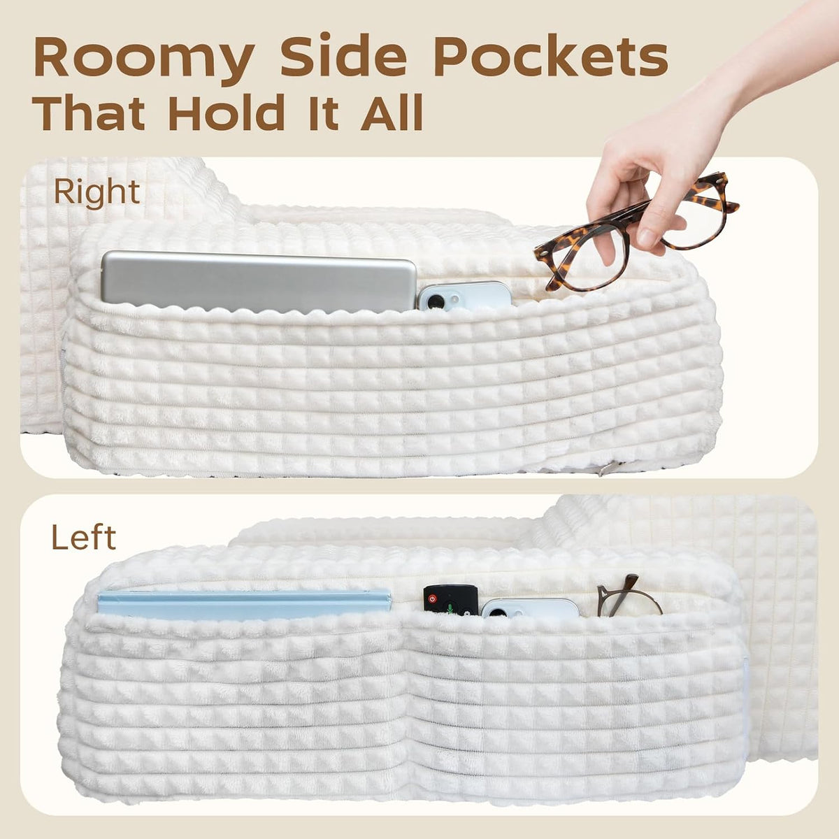 Vekkia 19'' Reading Pillow for Adults with XL Side Pockets, Adjustable Arms