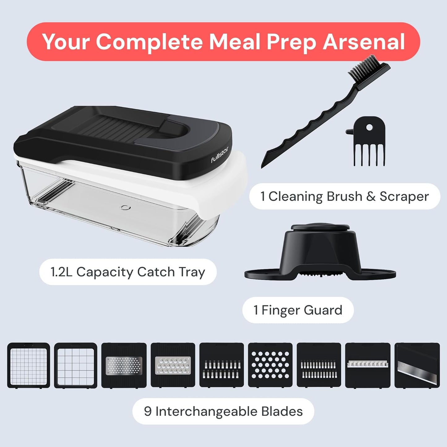 Fullstar Pro Core Vegetable Chopper & Mandoline Slicer, Meal Prep Essential | 6 in 1 Veggie Slicer, Onion & Fruit Slicer with Julienne, Grater & Dicer Stainless Steel Blades + Container (White)
