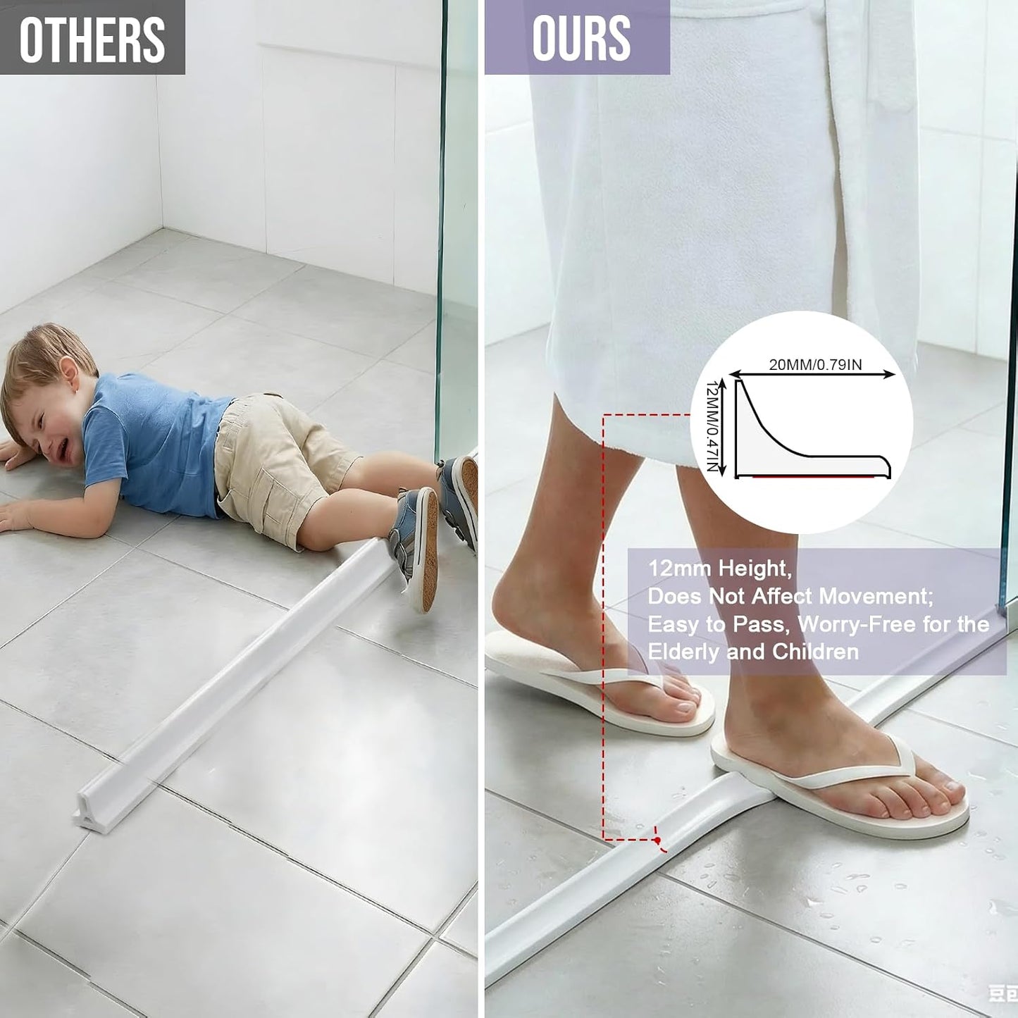 Shower Threshold Water Dam Barrier - Versatile, Silicone Shower Water Guard Stopper Seal Strip for Bathroom Floor, Bathtub Rim, Kitchen Countertop (White, 59 In/ 1.5M)