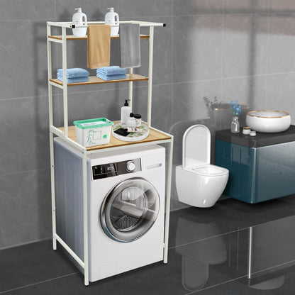Over Washer and Dryer Storage Shelf Portable Organizer Rack Space Saver Standing Rack with Adjustable Feet for Bathroom Laundry Room (Black+Oak)
