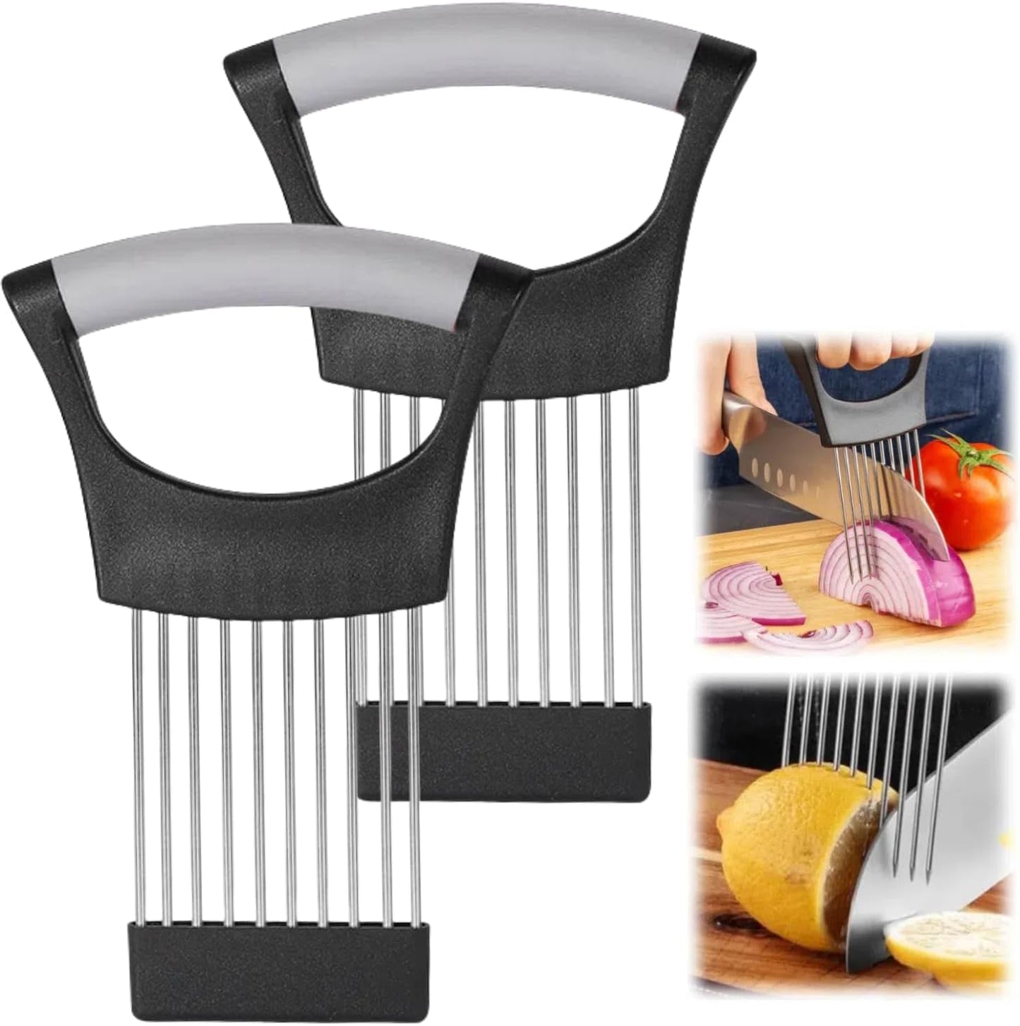 Onion Slice Holder, 2024 New Stainless Steel Holder for Slicing, Chopper Assistant Tool, Cutter for Meat, Onion, Potato, Tomato Kitchen Gadgets (Black, 2 Pack)