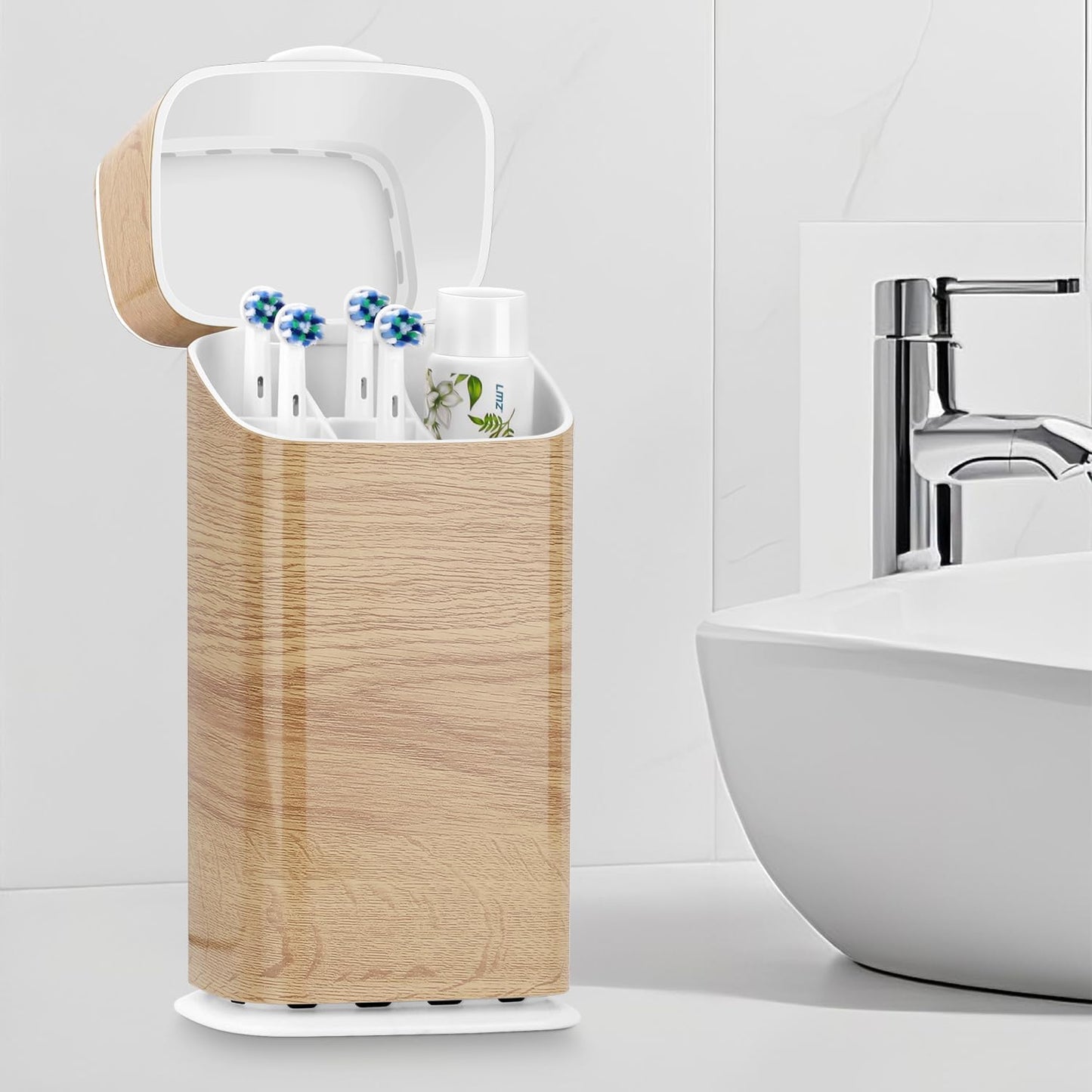 GFWARE Electric Toothbrush Holder with Cover, Ventilated & Drainage, Silver | Detachable 5 Slots Bathroom Organizer for Toothbrush & Toothpaste, Waterproof & Dustproof, Electric Toothbrushes Under 10 In