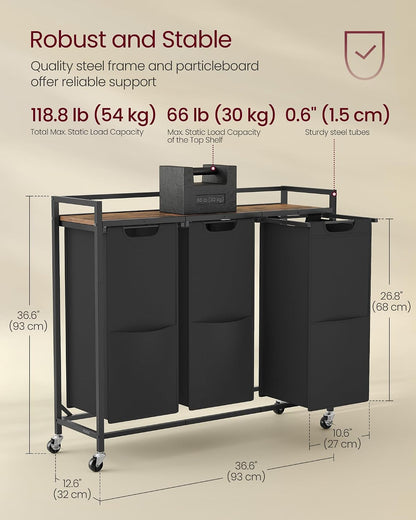 VASAGLE Laundry Sorter, 29 Gal. (110 L) Laundry Hamper Basket with 2 Compartments, Rolling Cart with Wheels, Shelf, Removable Bags, Pockets, Ink Black and Rustic Brown UBLH021B01