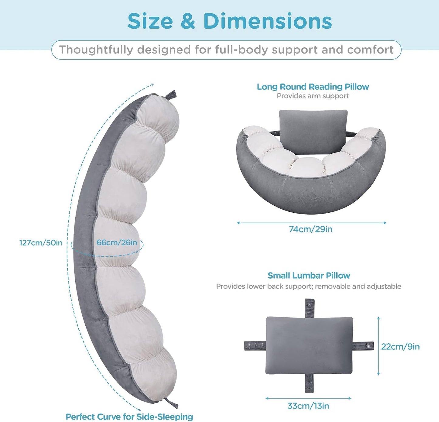 Ergonomic Reading Pillow with Arm & Back Support, U-Shaped | Long Round Lap Pillow, For Side Sleep, Crochet, Game, Work, Siting In Bed & Sofa, Short-pile Fabric, Memory Foam, Dark Grey