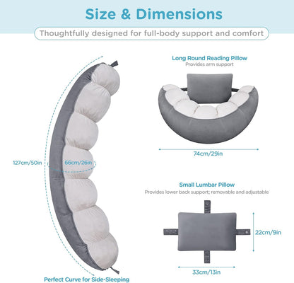Ergonomic Reading Pillow with Arm & Back Support, U-Shaped | Long Round Lap Pillow, For Side Sleep, Crochet, Game, Work, Siting In Bed & Sofa, Short-pile Fabric, Memory Foam, Dark Grey