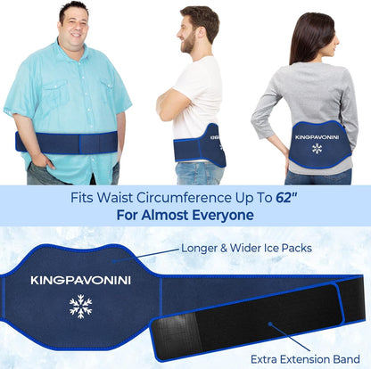 KingPavonini Extra Large Ice Pack for Back Pain Relief, 2 Gel Packs, Blue | 35-Min Long-Lasting & Instant Pain Relief, Leakproof Back Ice Pack, Extension Strap, Hot Cold Therapy, Skin-Safe Lycra Fabric