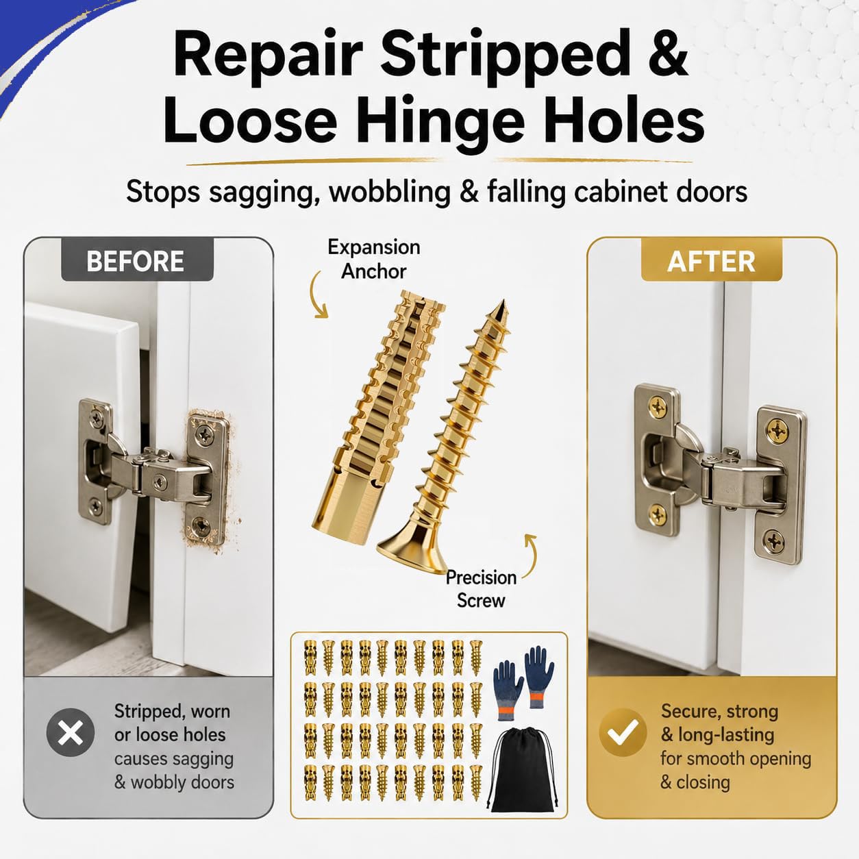 6×14mm Short Expansion Screw Set, 50pcs for Cabinet Hinge Repair and Stripped Thread Restoration, Secure Cabinet Door Fastening, Suitable for Tile Stone Wood and More