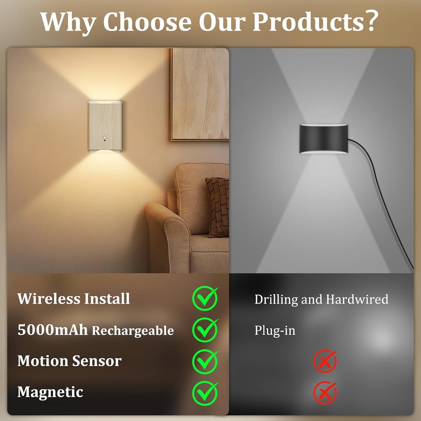 Eneru Motion Sensor Wall Sconce, Rechargeable Wireless Lights Indoor 2 Pack | 5000mAh battery powered, remote 3CCT dimmable, cordless magnetic mount, motion night light for hallway closet bathroom stair