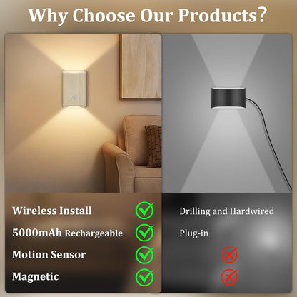 Eneru Motion Sensor Wall Sconce, Rechargeable Wireless Lights Indoor 2 Pack | 5000mAh battery powered, remote 3CCT dimmable, cordless magnetic mount, motion night light for hallway closet bathroom stair