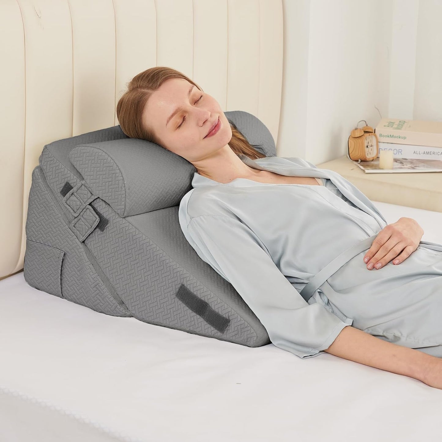 Sasttie Adjustable Wedge Pillow Set for After Surgery, Dark Grey & White | Bed Wedge Pillow Headboard with Memory Foam Neck Cushion, for Acid Reflux, Sleeping, Neck & Back Support