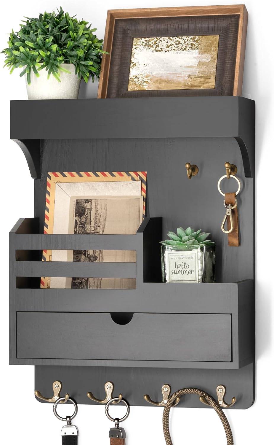 Rebee Vision Key Holder Wall Mount with Drawer Organizer for Entryway,Brown | Pine Wood, 6 Key Hooks, Display Shelf for Plants, Mail Slot for Storage Letter, Multi-Funtional Design, Home Storage