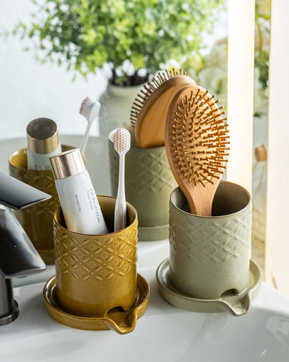 Zoeeker Toothbrush Holder with Drainage, Ceramic Toothbrush Holders Set | Electric Toothbrush & Toothpaste Holder for Bathrooms Self-draining Tooth Brush Cup Countertop Organizers for Family, Yellow