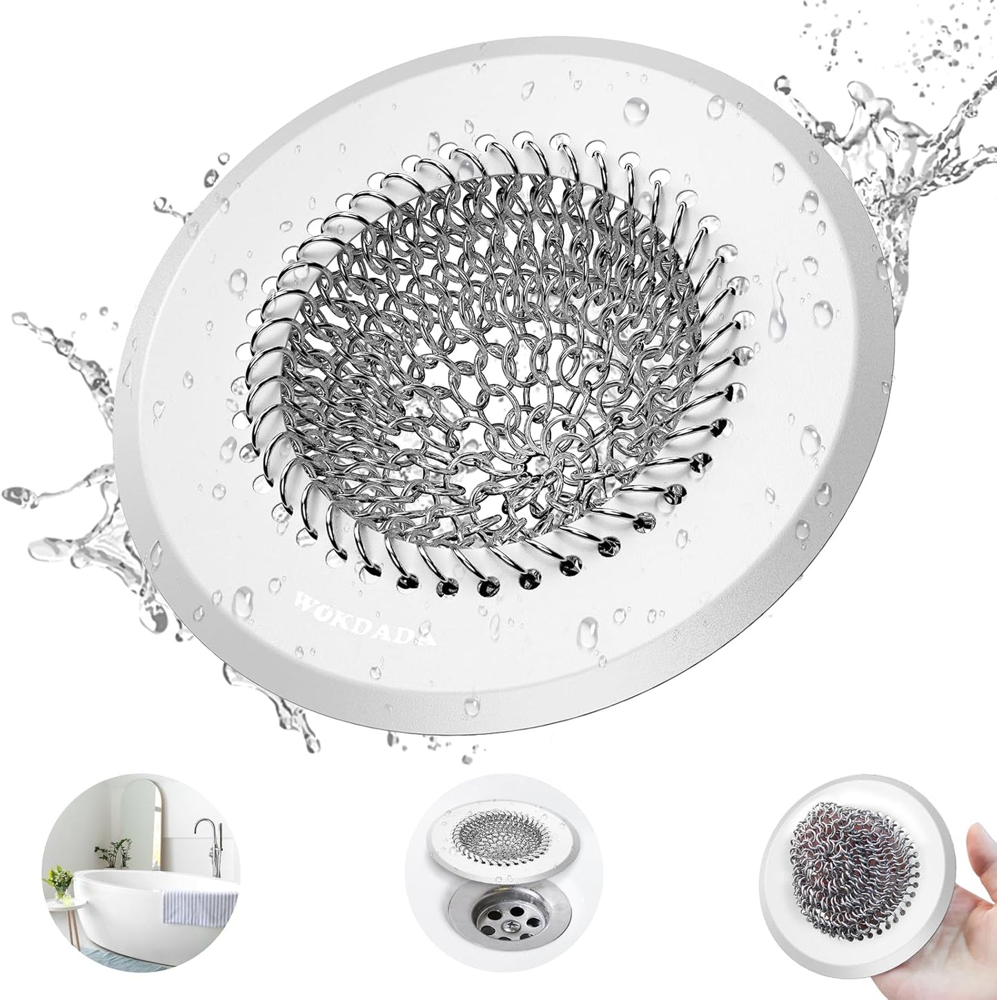 Shower Drain Hair Catcher, Patented Bathtub Drain Cover, Anti-Clog | Reversible Flip Clean, Fast Drainage, Anti-Slip Base, 304 Stainless Steel Chain Mail Mesh, 4.4" for Bathtub & Shower Drains