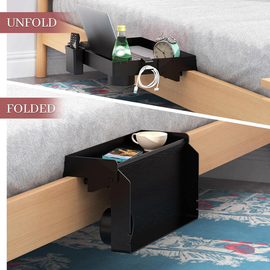 COLMO Folding Clip-On Bedside Shelf with Cup Holder, Black | Foldable Space-Saving, USB Cable Slot, Removable Hanging Cup, Moveable Side Hook, Dorm & Loft Bed Ready