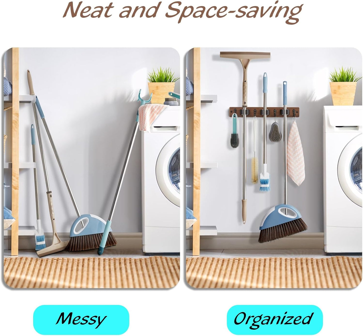 OUTNILI Mop and Broom Holder Wall Mount - Wood Broom Mop Hanger - Wall Mounted Garden Tool Rack Organizer for Closet Garage Laundry Room, Rustic Kitchen Decor With 4 Slots & 4 Hooks