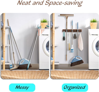 OUTNILI Mop and Broom Holder Wall Mount - Wood Broom Mop Hanger - Wall Mounted Garden Tool Rack Organizer for Closet Garage Laundry Room, Rustic Kitchen Decor With 4 Slots & 4 Hooks