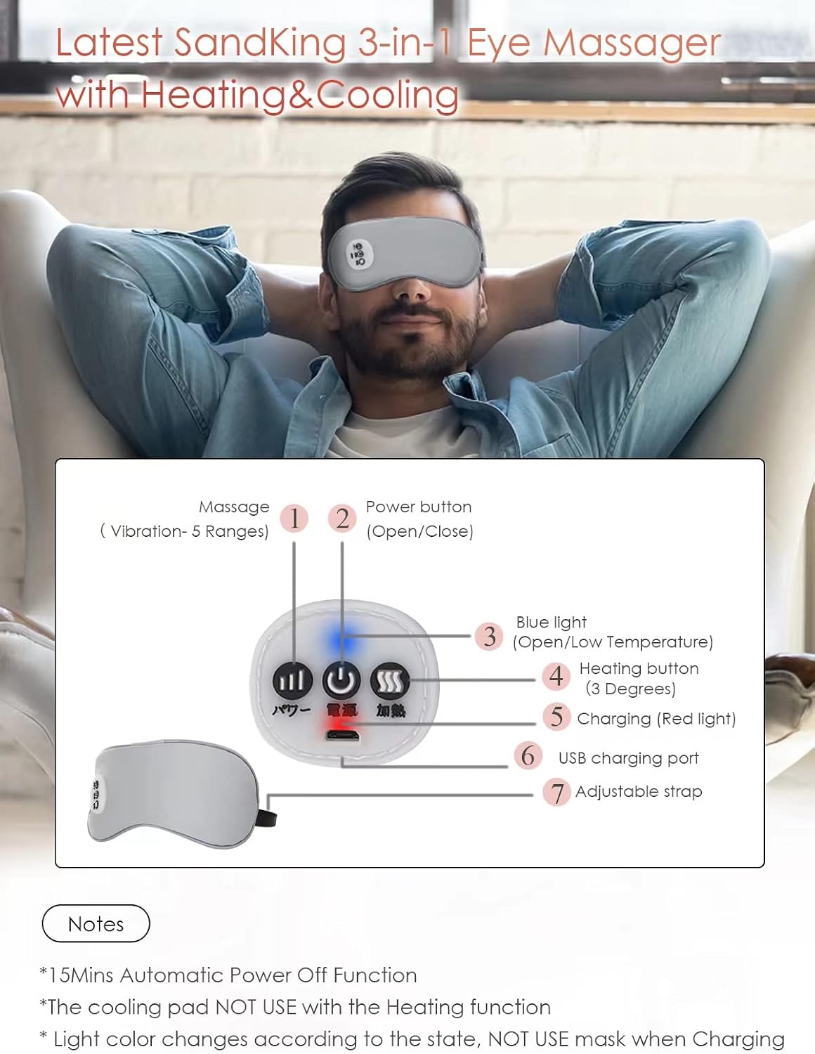 Cordless Heated Eye Massager with Cooling Eye Pad, Vibrating Heating Sleeping Mask for Men Women Kids -USB Charing Heated Eye Mask Electric for Dry Eyes, Relax,Travel (Blue)