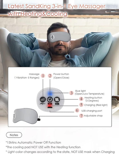 Cordless Heated Eye Massager with Cooling Eye Pad, Vibrating Heating Sleeping Mask for Men Women Kids -USB Charing Heated Eye Mask Electric for Dry Eyes, Relax,Travel (Blue)