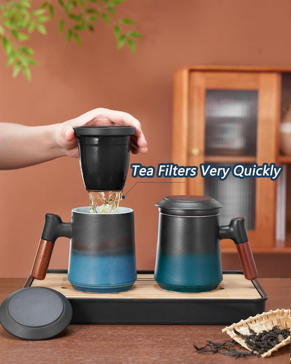 ZENS Tea Mug with Infuser and Lid for Loose Leaf Tea Steeper, 16.9oz Moss | Embossed Ceramic Tea Cup with Infuser for Herbal Tea Difussers, Tea Lovers Gifts, Nature Wood Handle