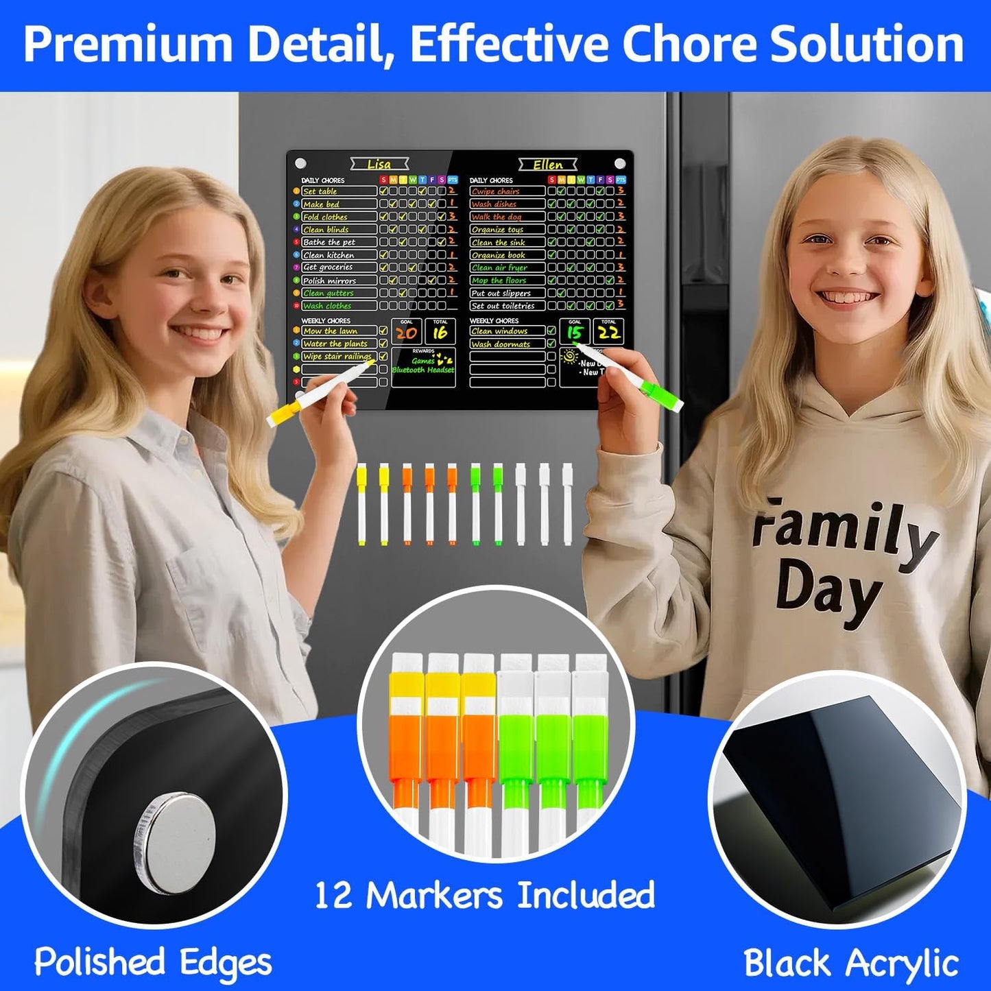 PigPotParty 2-in-1 Acrylic Magnetic Chore Chart for 2 Kids, Large 16x12 in | Clear Dry Erase Fridge Chore Board for Teens, Roommates; Vibrant Layout; Embedded Magnets; 12 Wet-Erase Markers and Towel