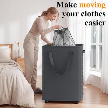 Optish Laundry Basket with Wheels, 90L Rolling Laundry Hamper with Wheels, Large Clothes Hamper on Wheel with Removable Mesh Bag for Bedroom, Dorm Room Essentials, Black
