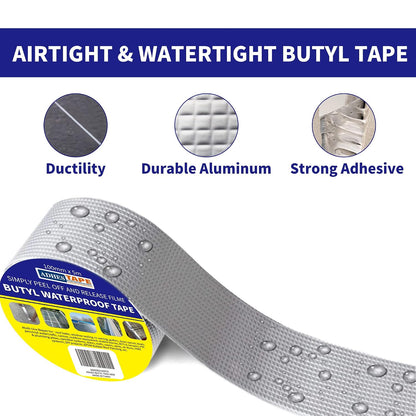 ADHES Butyl Tape Waterproof Tape, 2in x 16ft Aluminum Foil Tape | Butyl Sealant Tape for RV Repair,Window,Boat, Pipe Sealing, Glass & EDPM Rubber Roof Patching(Model:RAY100-2,Glue Color:Gray)