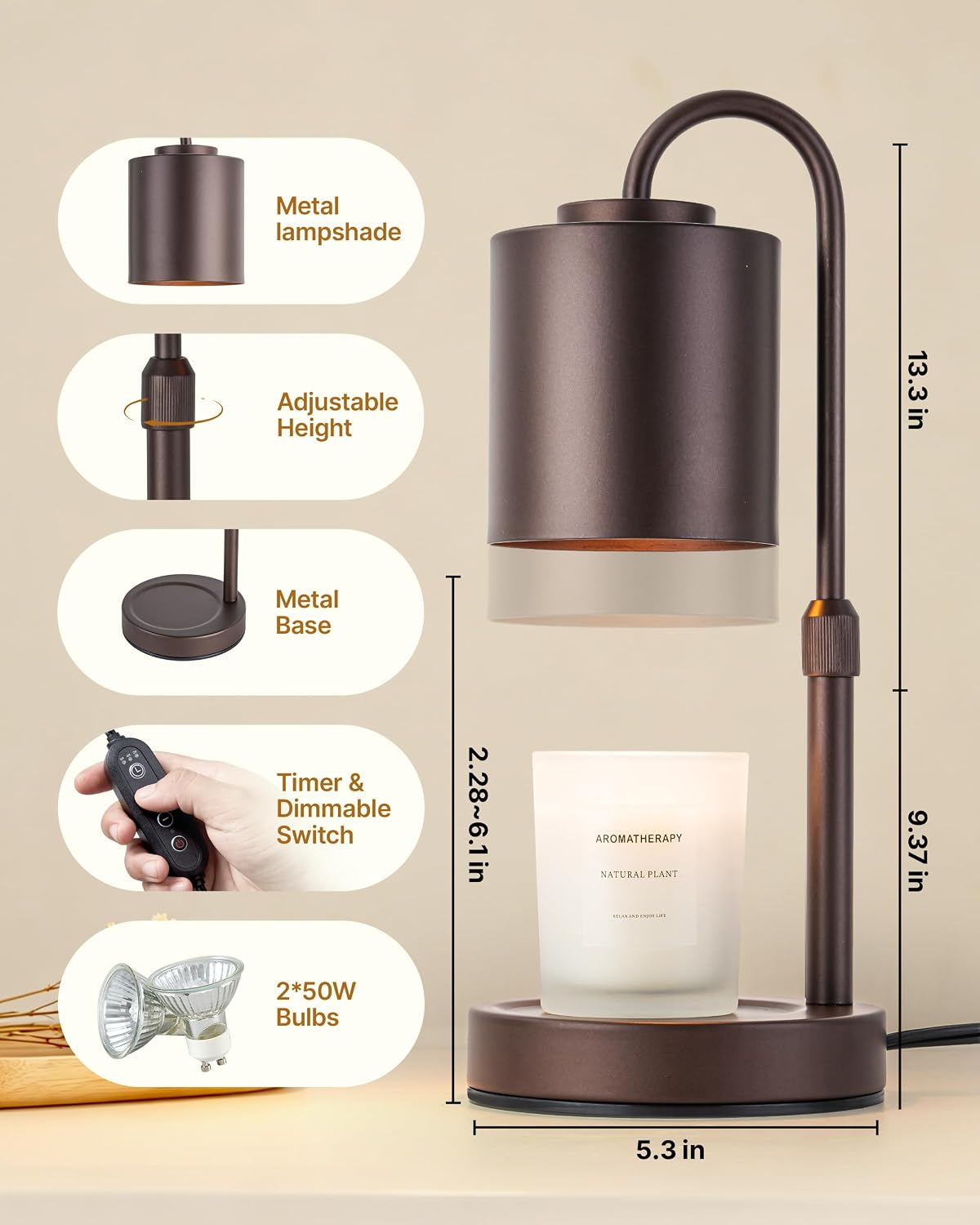 CASTLELIFE Dimmable Candle Warmer Lamp with Timer, Height Adjustable Candle Warmer for Jar Candles, Electric Wax Melt Warmer for Home Decor House Warming Gifts, Birthday Gifts for Women, Black Clear