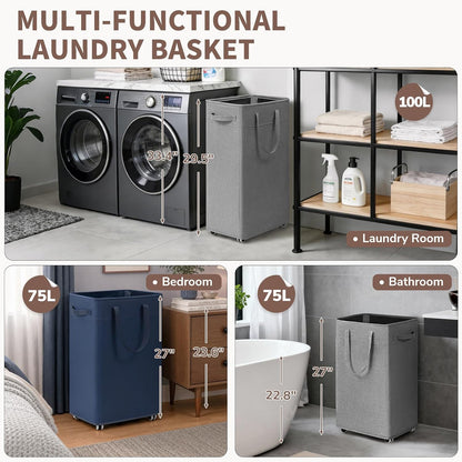 CHICVITA 75L Large Rolling Laundry Basket with Wheels & Wash Bag, Grey | Collapsible design saves space for corner dorms. Removable wash bag for easy laundry transport