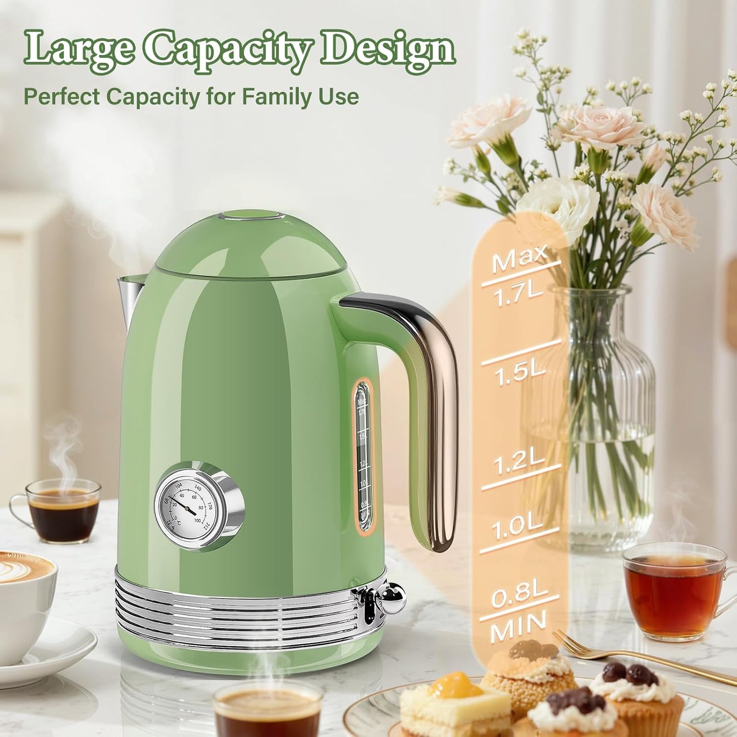 Electric Kettle, 1.7L Tea Kettle with Thermometer, Retro Green | 1500W Stainless Steel Hot Water Pot Kettle, Fast Boil Cordless Electric Kettle, Auto Shut-Off & Boil-Dry Protection