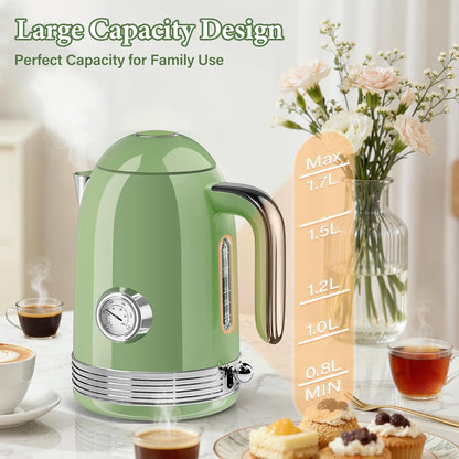 Electric Kettle, 1.7L Tea Kettle with Thermometer, Retro Green | 1500W Stainless Steel Hot Water Pot Kettle, Fast Boil Cordless Electric Kettle, Auto Shut-Off & Boil-Dry Protection