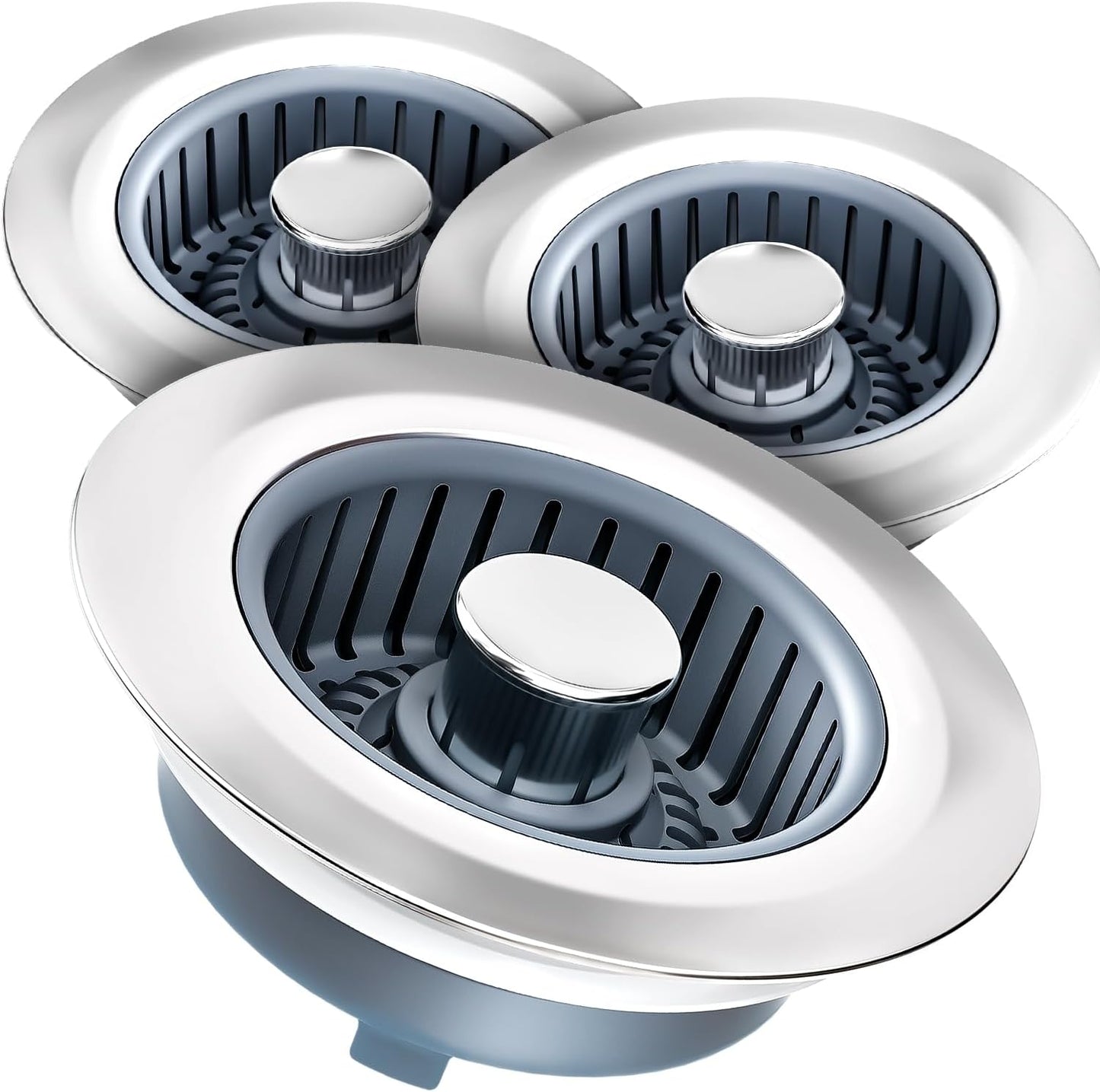 3 in 1 Kitchen Sink Drain Strainer Stopper Basket Pop Up Silver | Kitchen Sink Accessories Strainer Basket 2 Pack Silver,Stainless Steel Anti-Clog Catcher, Odor-Blocking Seal Fits 3.5" Drain