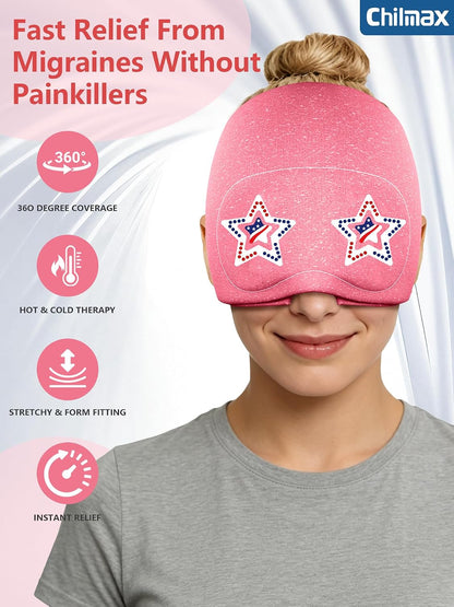 Migraine Relief Cap with Slide-Up Eye Mask, Headache Relief Ice Hat | Compression Head Face Ice Pack, Reusable Hot & Cold Gel Wrap for Hangover, Stress, Tension,Puffy Eyes, for Men Wemen Gift