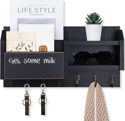 Lwenki Mail and Key Holder – Wall Mount Key Hanger with Shelf and 7 Metal Hooks – Decorative Natural Paulownia Wood Entryway Organizer with Mounting Hardware (16.5”W x 8.7”H x 3.5”D) (Brown)