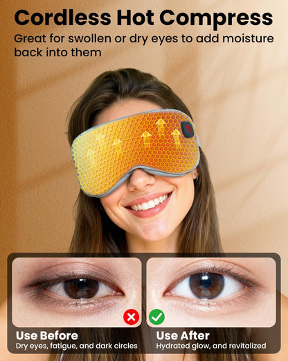 Cordless Heated Eye Mask, Rechargeable Mask with 4 Heat Levels for Dry Eyes | Fast Heating Mask with Washable Covers for Sleep, Travel, MGD, Blepharitis, 1500mAh Large Battery, Purple & Beige