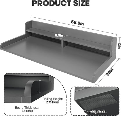 2-Tier Washer Dryer Countertop with 2.75" H Edge Rails, 54" W x 27.55" D Laundry Countertop for Folding Clothes, Washer and Dryer Topper with Non-Slip Pad (Dark Walnut)