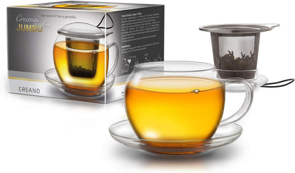 Creano Tea Glass with Infuser and Lid 400ml - Large Tea Cup - Microwave & Dishwasher Safe - Loose Leaf Tea Maker Gift Set