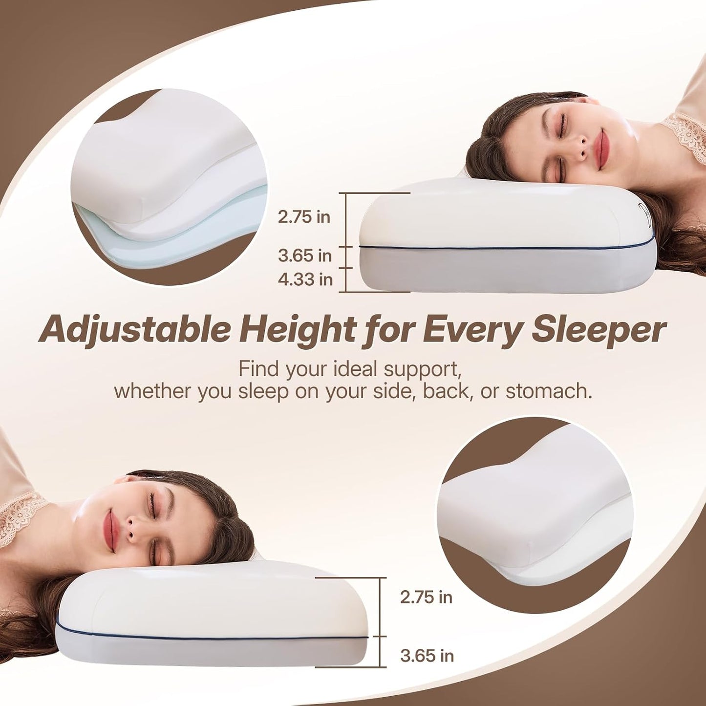 Cervical Neck Pillow, Adjustable Memory Foam for Neck Support, White | Adjustable Firmness. 3-Level Height, Ergonomic Support, CertiPUR-US Foam, Breathable Cover, All Sleep Positions