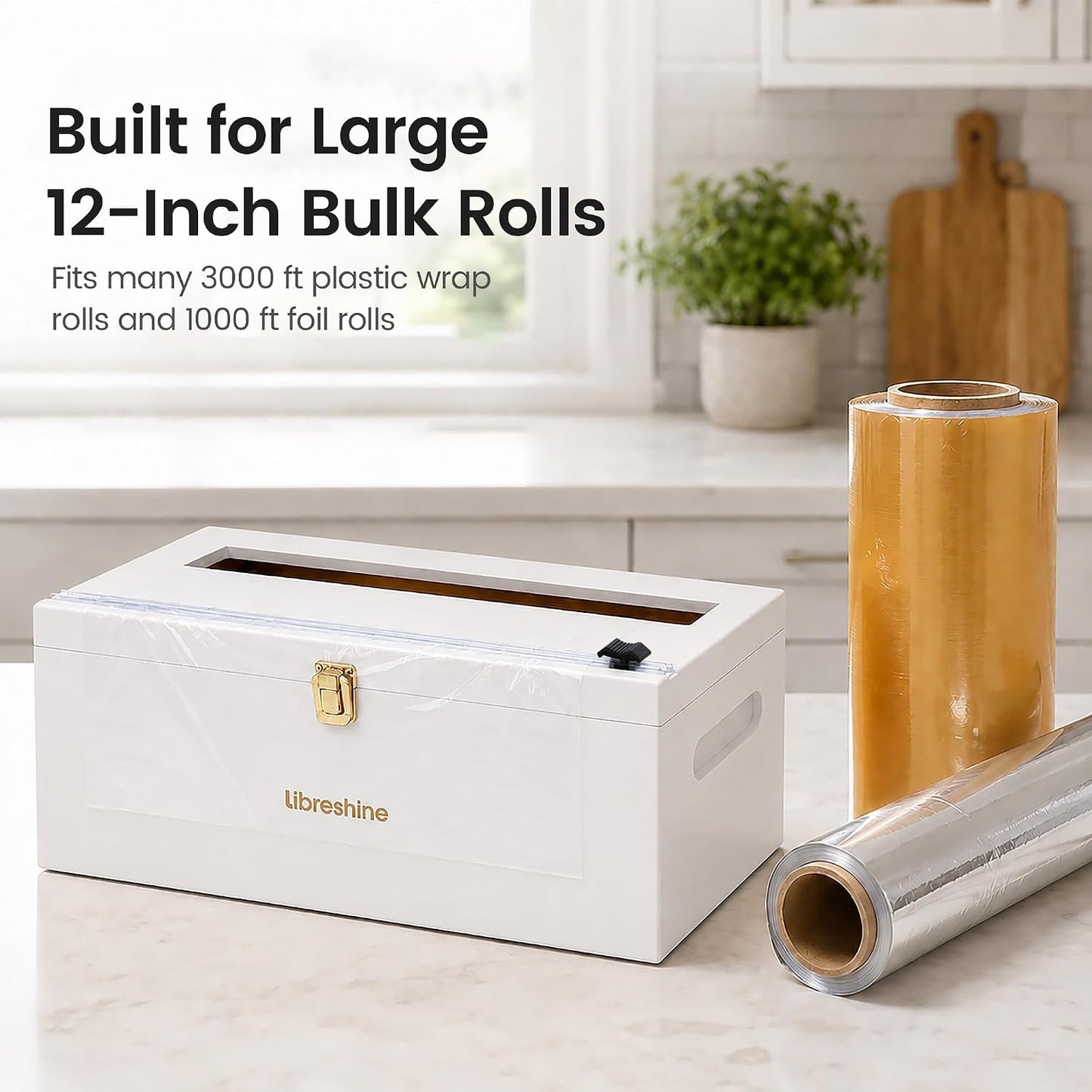 Libreshine 12-Inch Bamboo Plastic Wrap Dispenser with Cutter for Large Roll | Fits many 3000 ft plastic wrap and 1000 ft foil rolls, including Kirkland Signature rolls sold at Costco