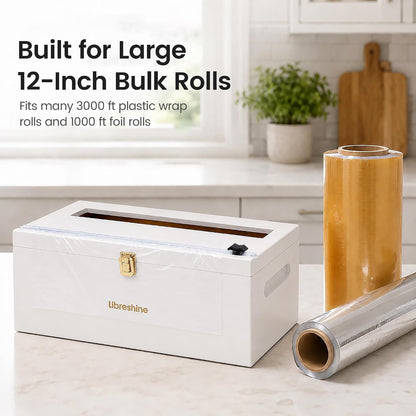 Libreshine 12-Inch Bamboo Plastic Wrap Dispenser with Cutter for Large Roll | Fits many 3000 ft plastic wrap and 1000 ft foil rolls, including Kirkland Signature rolls sold at Costco