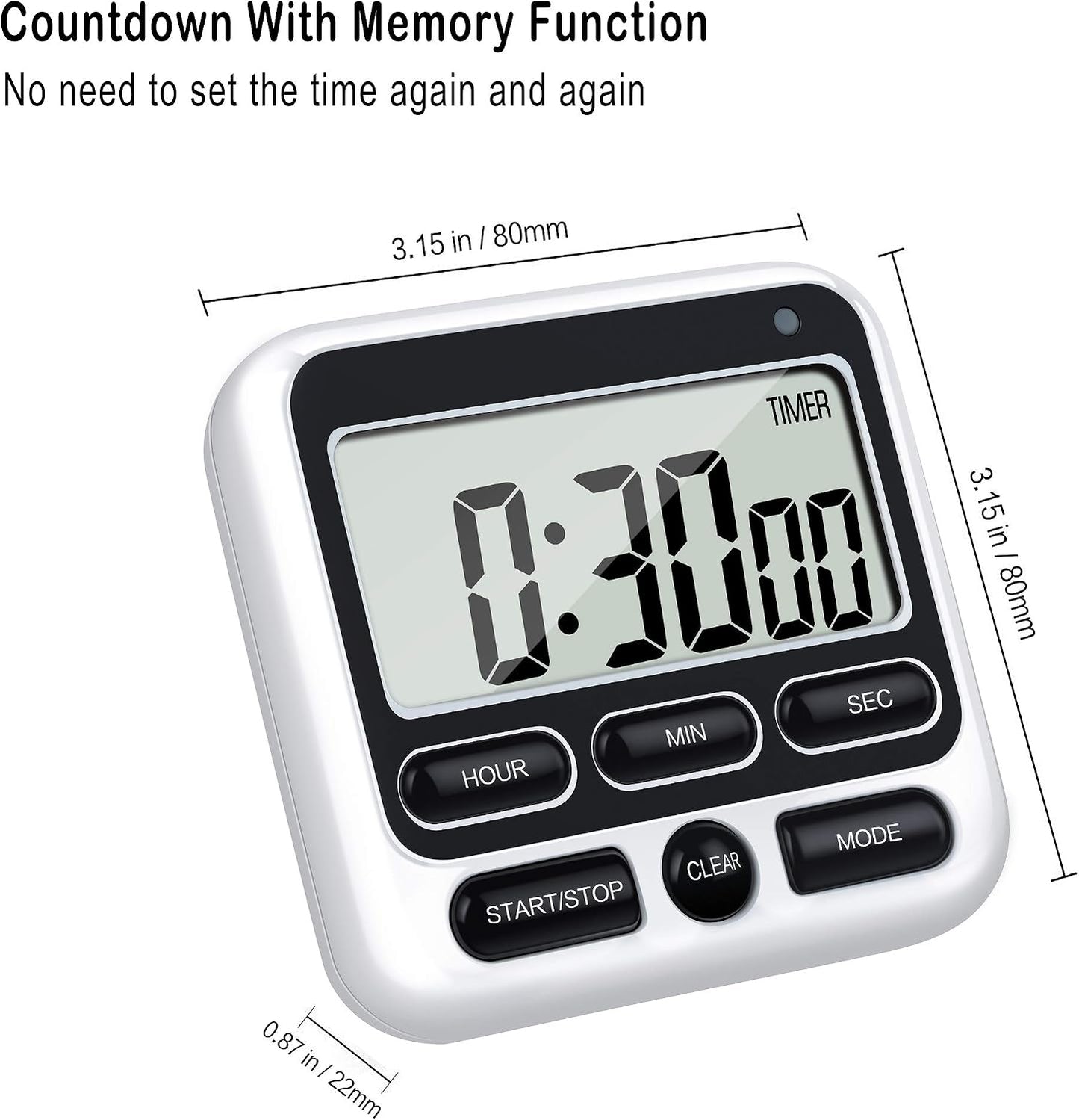 4-in-1 Digital Timer with Count Up/Down, Clock & Alarm, Ring & Silent Modes | Large 2.8-Inch easy-read LCD, On/Off switch, 24-Hour count up/down, Fast-forward function, Magnetic back, stand, hanging hole