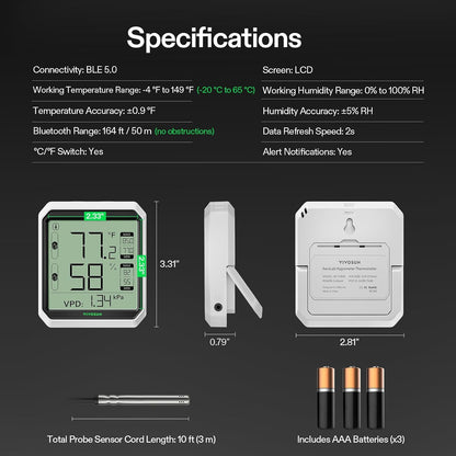 VIVOSUN Digital Hygrometer Thermometer, Humidity Meter with Probe, App | Wireless Bluetooth, Indoor, VPD, Data Storage, Dual Channels with Sensor Probe, Battery Included